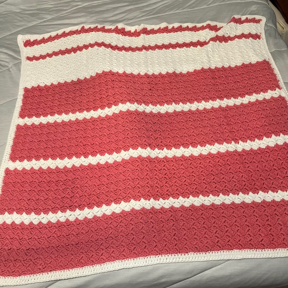 Handmade Crochet‎ Baby Blanket Pink White Stripe Afghan Knit   57" x 60" Throw